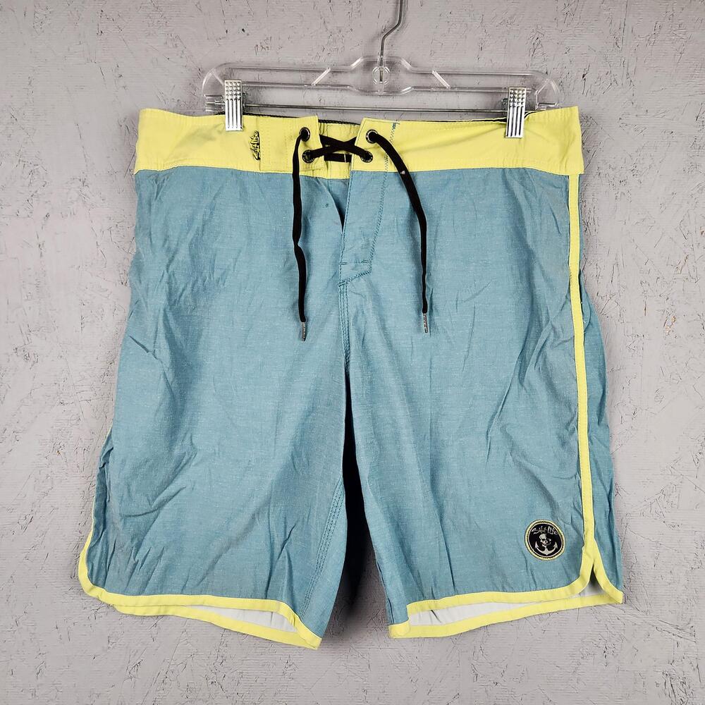 Salt Life Board Shorts Mens 34 Blue Yellow SLX QD Vapor Stretch Swim Pocket Logo